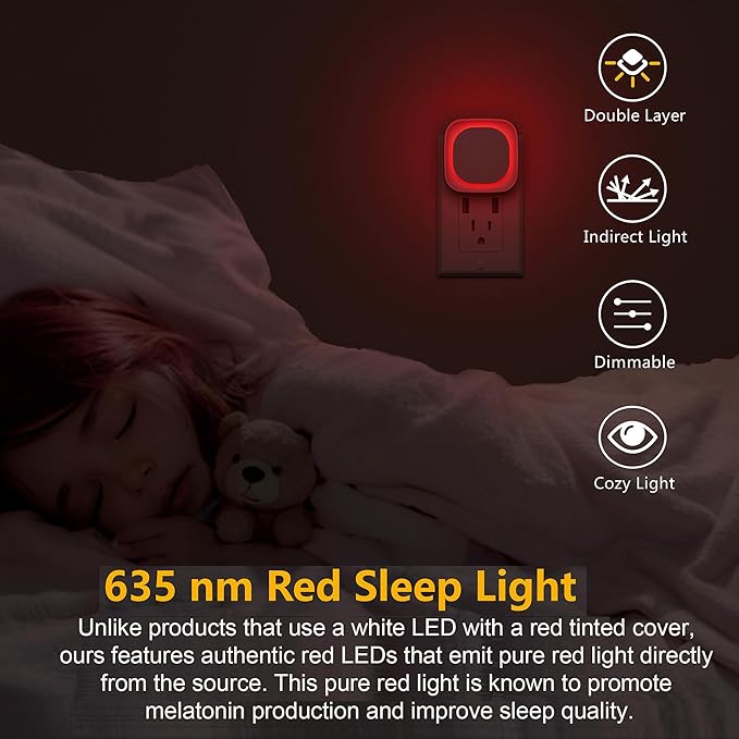 4 Pack Plug in Red Sleep Night Light, Auto Dusk to Dawn, Soft Glow, Dimmable Diffused Light, LED Lights for Bedroom, Sleep, Baby Nursery, Kids, Toddler, Bathroom, Hallway, Home Decor