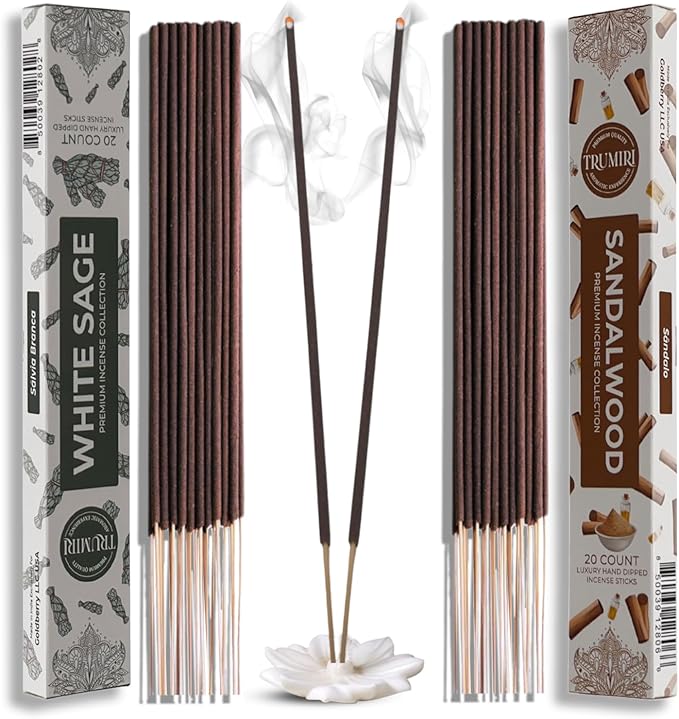Trumiri Incense Combo Pack - 40 Sticks (20 White Sage + 20 Sandalwood) - All Natural