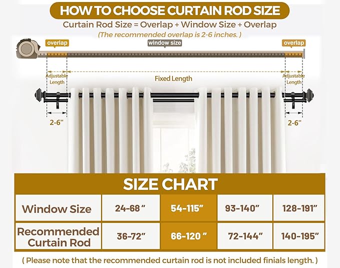 KAMANINA 1 Inch Double Curtain Rods 66 to 120 Inches (5.5-10 Feet), Telescoping Splicing Black Curtain Rod for Windows 54 to 115 Inches, Decorative Curtain Rods with Square Finials