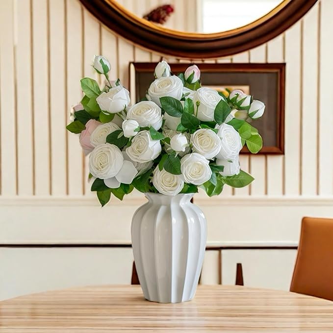 5Pcs White Real Touch Artificial Austin Rose Peony Silk Flowers with Stems - Lifelike Latex Fake Roses for Home Decor, Weddings, and DIY Floral Arrangements