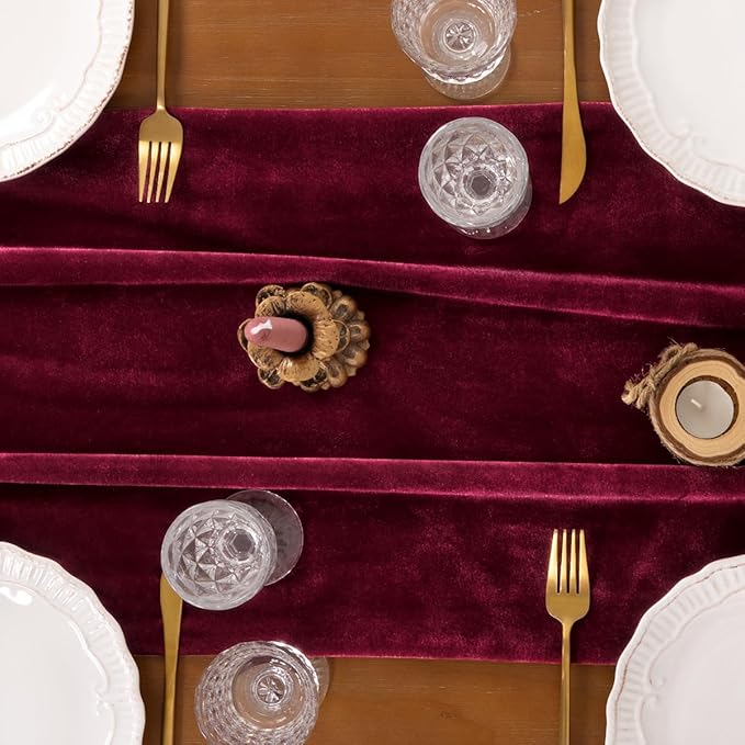 Socomi Burgundy Red Velvet Valentine's Day Table Runner Cloth Decor 20 x 120 Inches 10ft Fabric Luxurious Thanksgiving Wedding Runner for New Year Bridal Shower