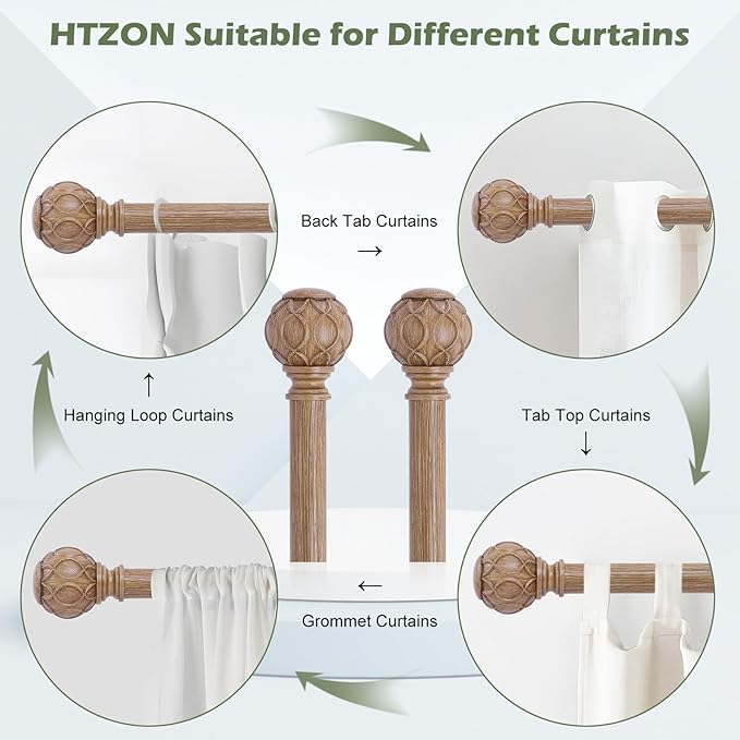 2 Pack Wood Curtain Rods 66 to 120 Inch,1 Inch Adjustable Long Curtain Rod,Netted Texture Window Curtains Rods,Farmhouse Heavy Duty Brown Wood Grain Decorative Drapery Poles 66-120"