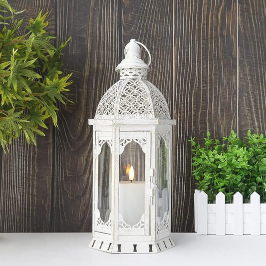 JHY DESIGN Decorative Candle Lantern 15''H Vintage Metal Candle Holder for Garden Living Room Indoor Outdoor Parties Weddings Patio(White with Gold Brush)