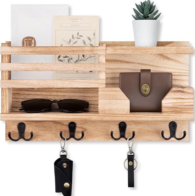 Mail and Key Holder for Wall – Decorative 15.9” x 8.7” x 3.2” Entryway Organizer with Shelf – Paulownia Wood with 4 Dual Hooks Includes Mounting Hardware and Installation Guide (Wood)