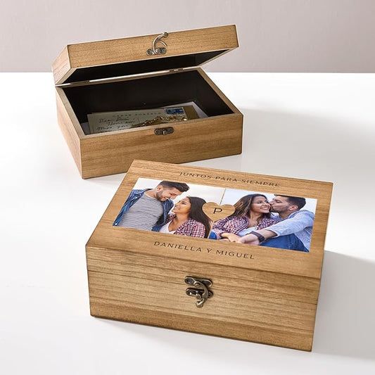 Let's Make Memories Personalized Wooden Keepsake Box With Hinged Lid - Wood Memento Box - Decorative Storage - Home Decor - For Couples, Wedding, Newlyweds - Upload Your Photo - Our Love Story