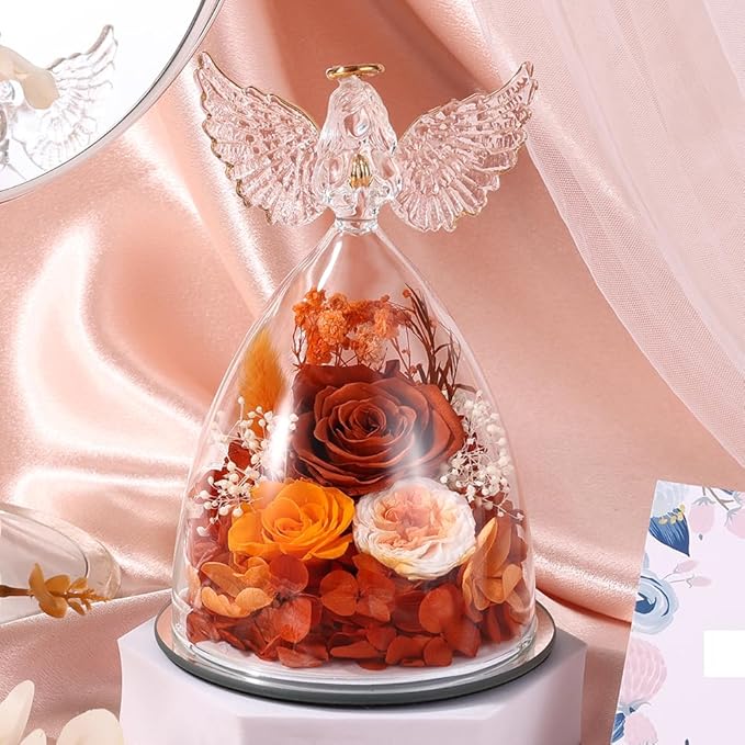 FIACO Gifts for Women Mom Preserved Rose Forever Flower in Glass Angel Figurine Fresh Flowers for Delivery Birthday Gifts for Grandma Wife Sister Christmas Anniversary Eternal Roses
