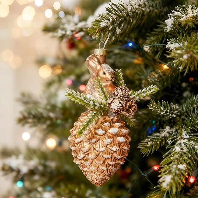 WDS WONDROUS Squirrel Pinecone Christmas Ornaments for Tree Decorations Whimsical Glass Animal Hanging Ornament, Festive Holiday Decor for Xmas Tree Home Party(2.76”)