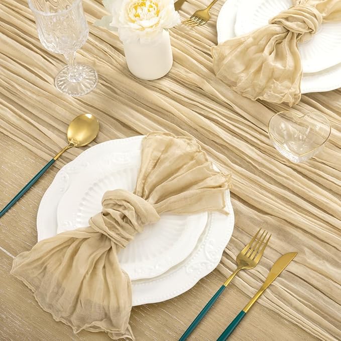 MLMC 3 Pack Champagne Cheesecloth Table Runner 10ft Sand Rustic Gauze Cheese Cloth Table Runner 35x120 Inches for Farmhouse Cozy Holiday Outdoor Events Home Decor