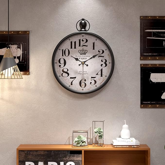 Menterry Retro Round Wall Clock. Black Vintage Antique Style Decor Wall Clocks for Kitchen,Farmhouse,Bedroom,Bathroom,Office, (11.8" H x 9.3" W)