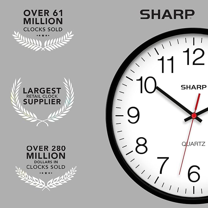Sharp Wall Clock Silent Non Ticking 10 Inch Quality Quartz Battery Operated Round Easy to Read Home/Kitchen/Office/Classroom/School Clocks, Sweep Movement,Black