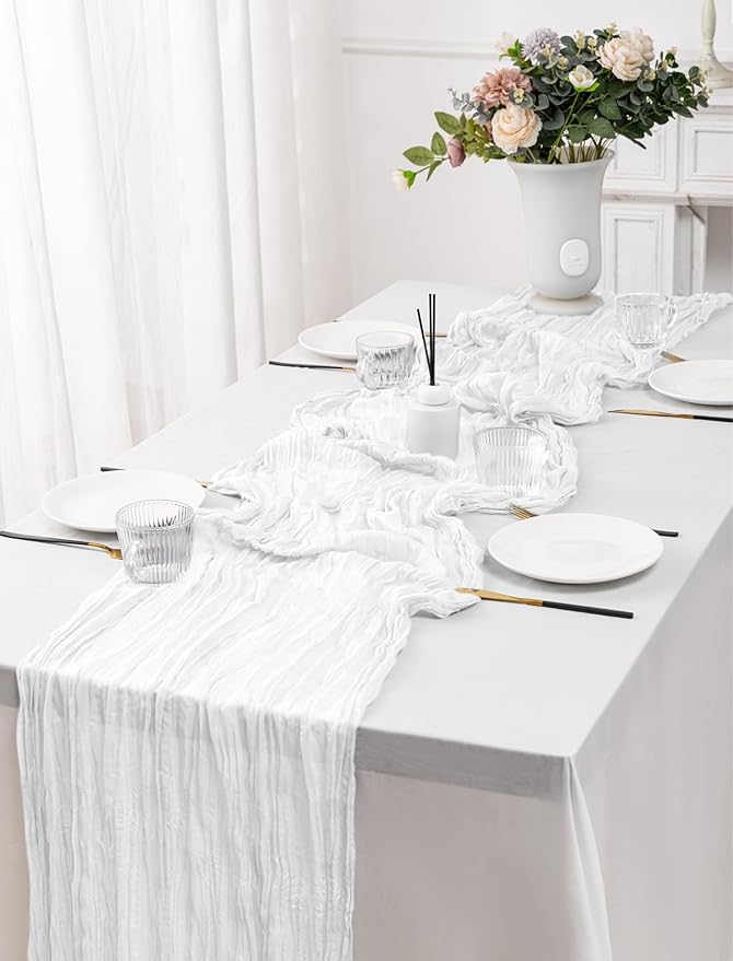 10 Pack White Cheesecloth Table Runner,10FT/120 Inch Boho Gauze Fabric Table Runner,Rustic Sheer White Cheese Cloth Runner Bulk for Wedding,Bridal Baby Shower,Christmas Party,Holiday Home Table Decor