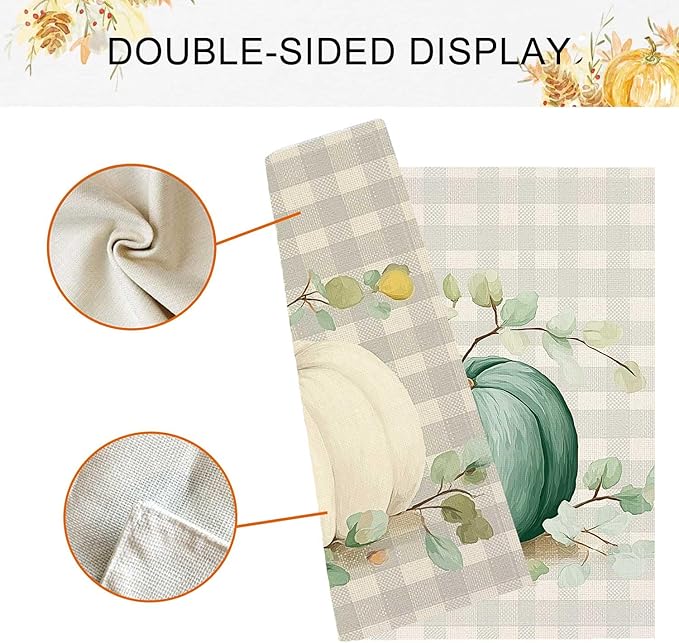 Double Side Set of 4 Buffalo Plaid Pumpkins Eucalyptus Leaves Fall Placemats Seasonal Maple Leaves Table Mats for Indoor Outdoor Home Party Dining Decor Burlap Table Mats 12x18 Inch #WP015