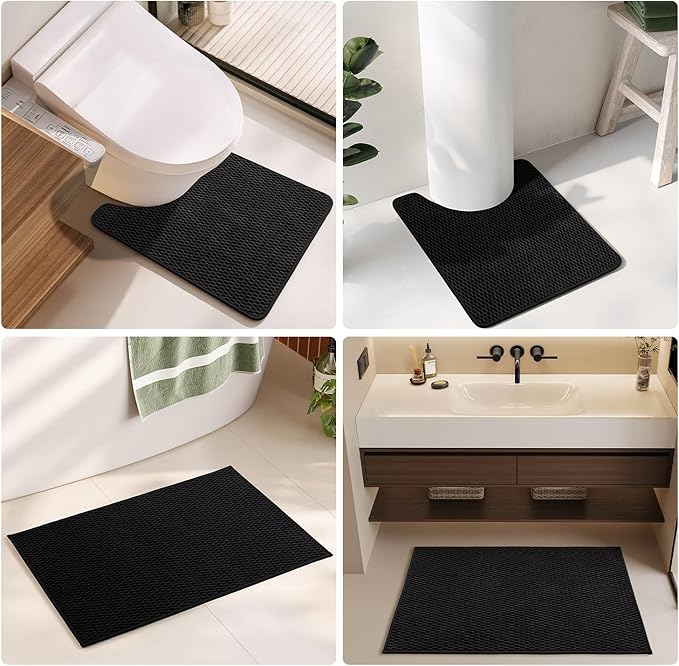 Black Toilet Rug, Thin Toilet Rugs U Shaped Washable Non Slip Absorbent Quick Dry Low Pile Toilet Mat, Black 20''x24'' U Shape
