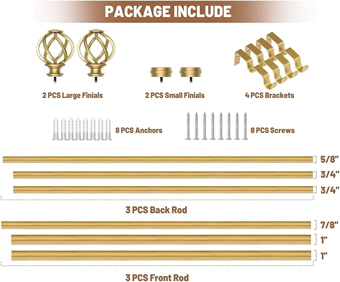 KAMANINA 1 Inch Double Curtain Rod 72 to 144 Inches (6-12 Feet), Gold Curtain Rods for Windows 66 to 120, Heavy Duty Telescoping Drapery Rod with Twisted Cage Finials