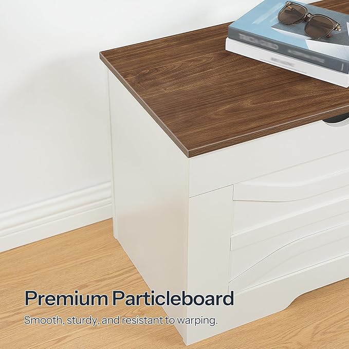HOOBRO Storage Bench, 47.2'' Toy Box with Safety Hinges, Farmhouse Storage Chest with Side Storage Cubby, for Entryway, Bedroom, Living Room, White and Walnut WH96CW01