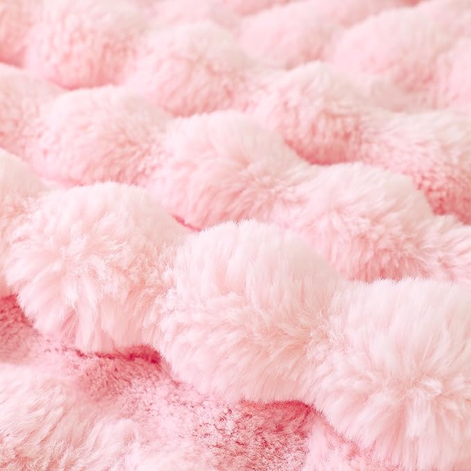 COOVA Faux Fur Throw Blanket for Couch, Cozy Soft and Fuzzy Plush Rabbit Fur Bubble Blanket for Sofa Bedroom Living Room, 50x60 Inches Light Pink