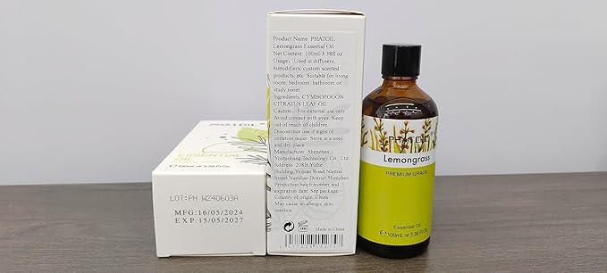 PHATOIL 100ML Lemongrass Essential Oil, 3.38FL.OZ Essential Oils for Diffuser, Humidifier, Relax, Aromatherapy, Lemongrass Oil Scented Oils for Soap, Candle Making