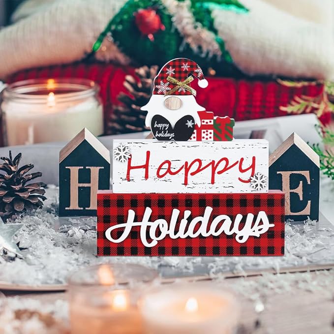 MEETYAMOR Christmas Decor, Large Size 3-Layered Gnome Wood Block with Happy Holidays Sign Christmas Table Decor, Farmhouse Rustic Xmas Decorations Indoor for Home, Mantle, Shelf, Living Room