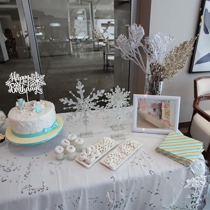 Gyufise 1 Pack Snowflake Happy Birthday Cake Topper Silver Glitter Winter Snowflake Cake Picks Decorations for Winter Snowflake Theme Baby Shower Kids Birthday Party Supplies