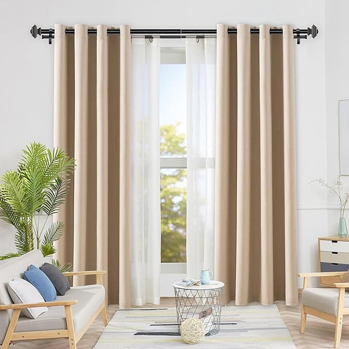 KAMANINA 1 Inch Double Curtain Rod 72 to 144 Inches (6-12 Feet) Telescoping Black Curtain Rods for Windows 69 to 140 Inches, Heavy Duty Drapery Rods with Square Finials