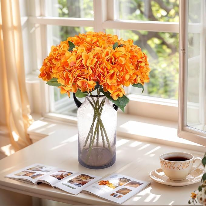 Kimura's Cabin 6pcs Artificial Silk Hydrangea Flowers with Stems Fake Hydrangea Bouquet for Home Table Centerpieces Wedding Party Halloween Decoration (Orange Yellow)