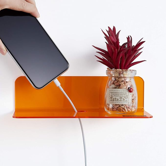 OAPRIRE Small Acrylic Floating Wall Shelves Set of 2, Flexible Use of Wall Space, 9 Inch Adhesive Display Shelf for Security Cameras/Smart Speaker/Action Figures, with Cable Clips - Clear Orange