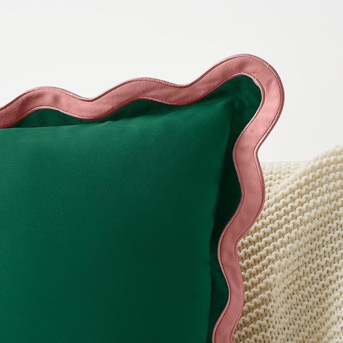 MONDAY MOOSE Decorative Throw Pillow Covers Cushion Cases, Set of 2 Soft Velvet Scalloped Wavy Edge Designs, Mix and Match for Home Decor, Pillow Inserts Not Included (22x22 inch, Pink/Green)