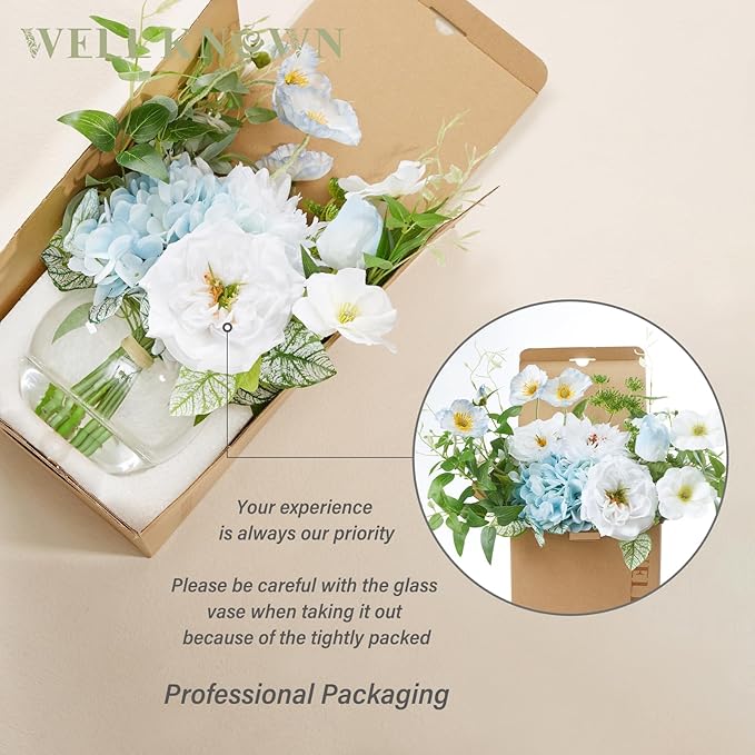 WELL KNOWN Artificial Silk Flowers Bouquet with Vase, Fake Flower Arrangements in Glass Vase with Faux Water for Spring Summer Seasonal Home Office Hotel Wedding Table Decor (Blue in Spring)