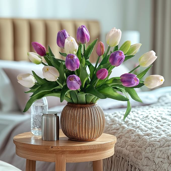 20PCS Fake Tulips Artificial Tulip Silk Flowers Fake PU Bouquet Artificial Flowers Faux Flowers with Gift Box Soft Faux Tulips Bouquets Arrangements for Party Wedding Home
