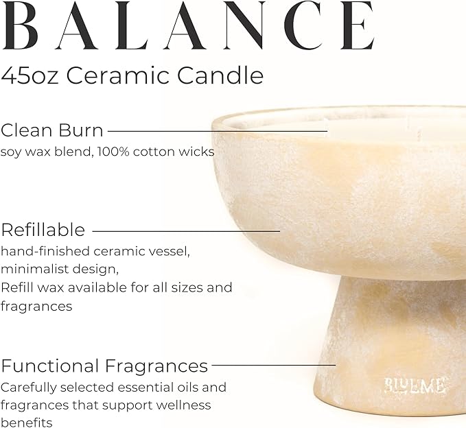 Blueme Balance Candle | White Lotus & Tea | 6 Wick - Refillable Wellness Candle with Essential Oils, Hand Finished & Poured Soy Wax Blend Ceramic Vessel, Natural Cotton Wicks | Giant 45 oz