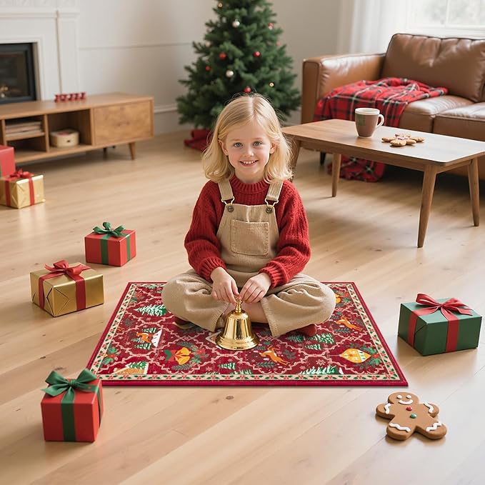 HEBE Christmas Area Rug 2'x3', Non Slip Farmhouse Red Rugs for Living Room, Washable Soft Area Rugs for Bedroom Christmas Low Pile Indoor Floor Carpet for Dining Room Xmas Holiday Decor