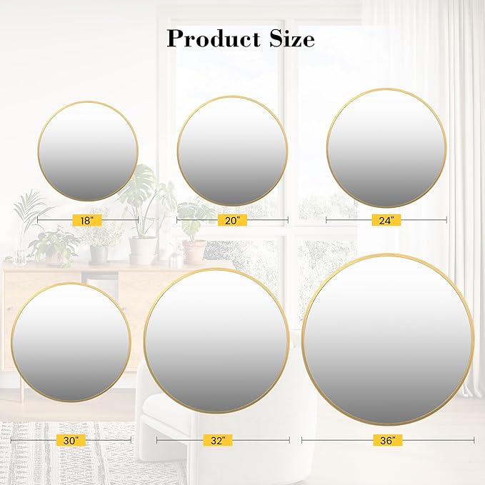 36" Gold Round Mirror for Wall, Large Circle Bathroom Mirror, Matte Gold Metal Frame, HD Eco-Friendly Glass, Contemporary Vanity Entryway Hallway Living Room Home Decor, Easy to Hang