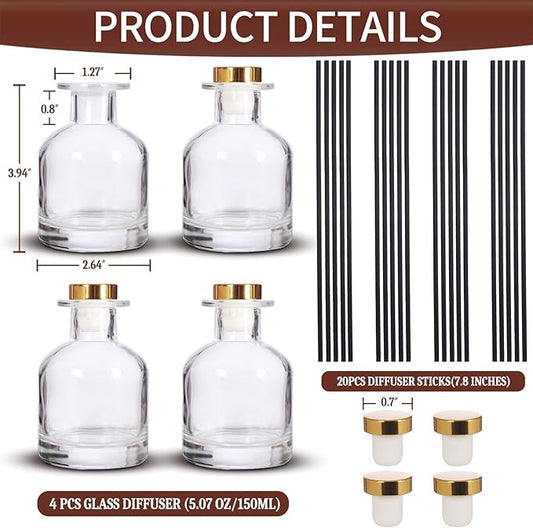 4 Pack Perfume Reed Diffuser Bottle,Empty Big Belly Aromatherapy Essential Oil Bottles Glass Jar with Black Sticks for DIY Fragrance Replacement Diffuser Sets (150ml/ 5 oz, Transparent Color)