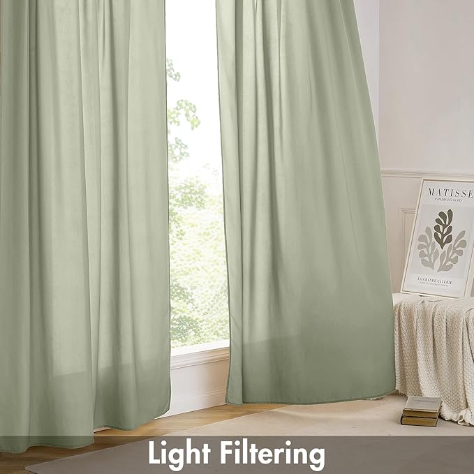 EMEMA Non-See-Through Sheer Curtains 72 Inches Long, Light Filtering Semi Privacy Sheer Curtains for Living Room Bedroom, Window Drapes That Let Light in, 52x72 Inch, 2 Panels, Sage
