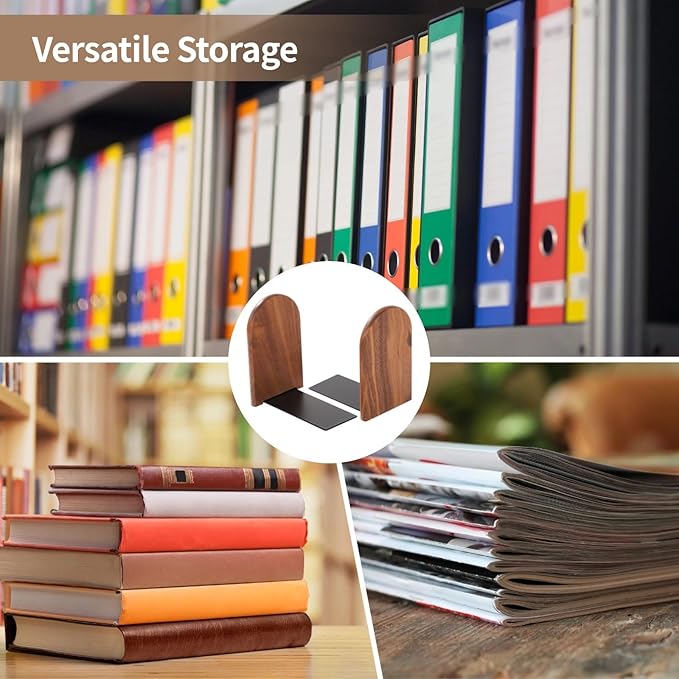 4 Pairs Wood Bookends, Heavy Duty Book Ends for Heavy Books, Non-Skid Book Organizers for Desk, Stylish Walnut Wood Design with Curved Top & Metal Support Base