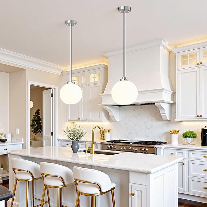 2 Pack 7.2-Inch Globe Pendant Lights, Mid Century Brushed Nickel Pendant Light Fixtures, Globe Pendant Lights Kitchen Island with Milk Glass Shade Hanging Fixture for Dining Room Bulbs not Included