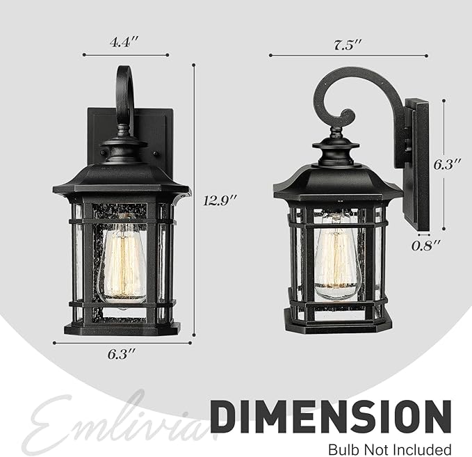 Emliviar Outdoor Wall Lanterns 2 Pack, 1-Light Exterior Wall Mount Light, Black Finish with Clear Seedy Glass, 2084B-2BK