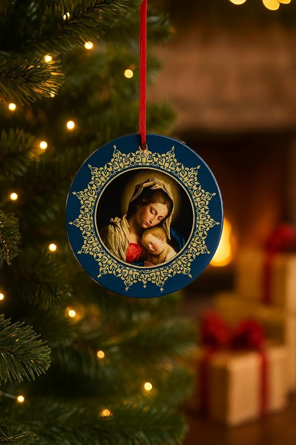Madonna & Holy Child Acrylic Ornament - Traditional Catholic & Christian Christmas Decor - Ornate Religious Decorative Hanging Ornaments for Tree