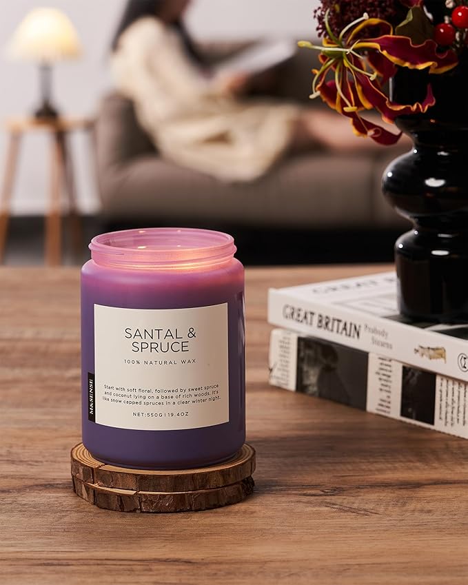 M&SENSE Santal Spruce Christmas Coconut Soy Candles for Home Scented, 19.4oz 110 Hour Slow Burning Large Candle Gift for Stress Relief, Meditation, Relaxing SPA, Best Smelling Christmas Gifts