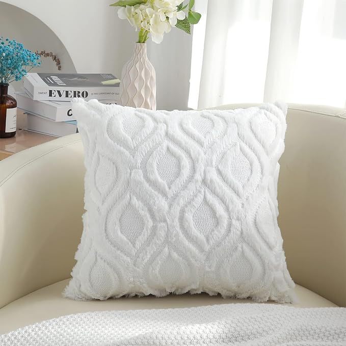 decorUhome Throw Pillow Covers 24x24 Inch Set of 2, Soft Plush Faux Wool White Solid Couch Pillow Covers, Accent Farmhouse Neutral Square Pillow Cases for Sofa Bed Living Room