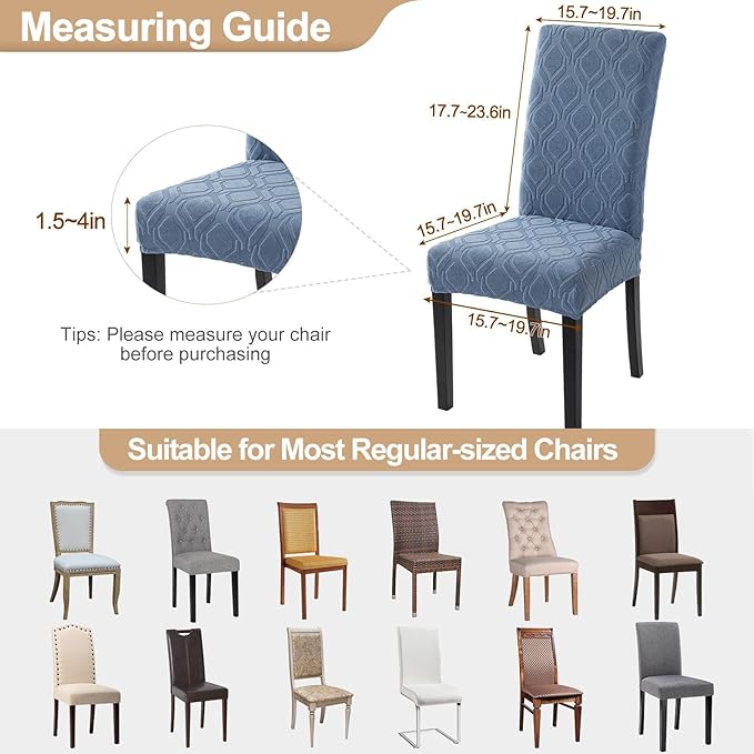 SearchI Dining Room Chair Covers Set of 6, Stretch Jacquard Parsons Chair Slipcovers Spandex Removable Washable Kitchen Chair Protector Cover for Dining Room, Hotel, Ceremony (Gray-Blue Geometric)