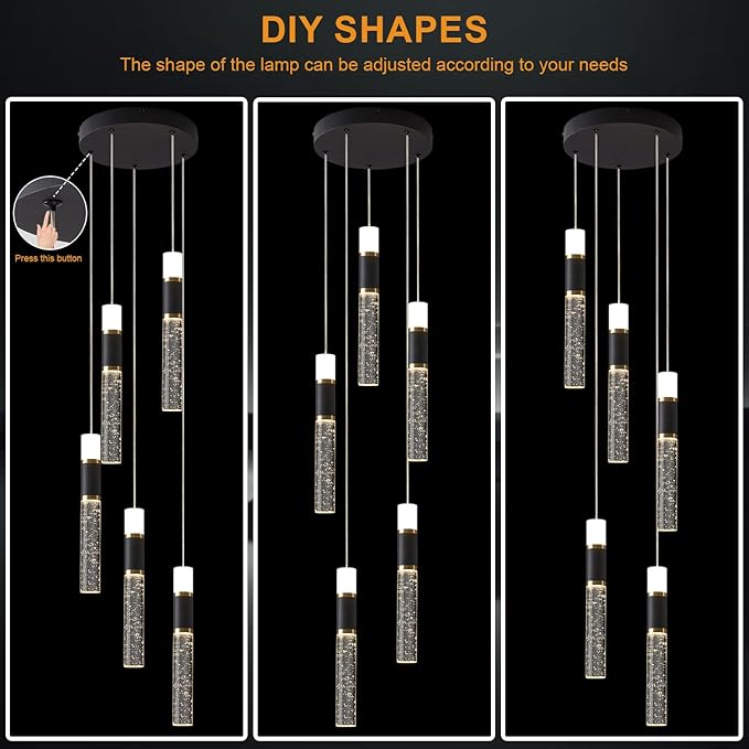 Pendant Light Fixtures, 5-Light Pendant Lights Kitchen Island,Modern Led Pendant Light Kitchen Island Lighting Dimmable with Remote,3000K-6500K Black and Gold Modern Chandelier for Dining Room