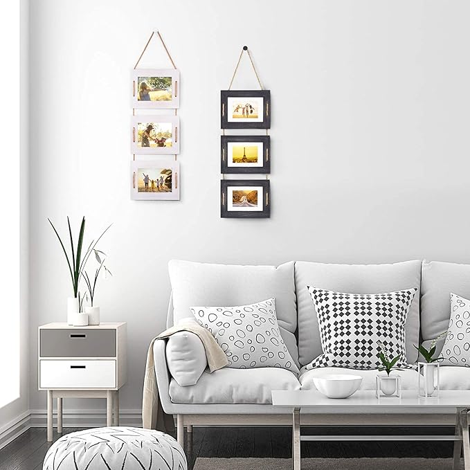 DLQuarts 5x7 Hanging Picture Frames Collage Wall Decor, 3-Frame Set, 3.5x5 with Mat or 5x7 Without Mat, Rustic Solid Wood Photo Frame Pack of 2 Vintage White