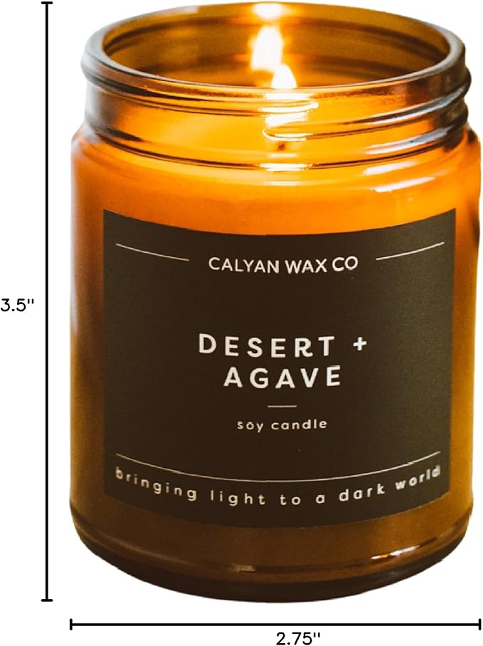 Calyan Wax Co. Desert & Agave Scented Candle - 57 Hour Burn - Luxury Non Toxic Soy Wax Candles - Long Lasting Amber Glass Jar Candle for Home - 7.2oz