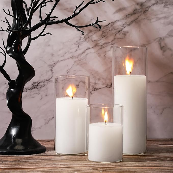 Shihanee Set of 3 Pillar Candles and 3 Glass Cylinder Candle Vases Holders Clear Pillar Jars for Wedding Centerpieces(3'' x 5.9'', 7.9'', 9.8'',White)