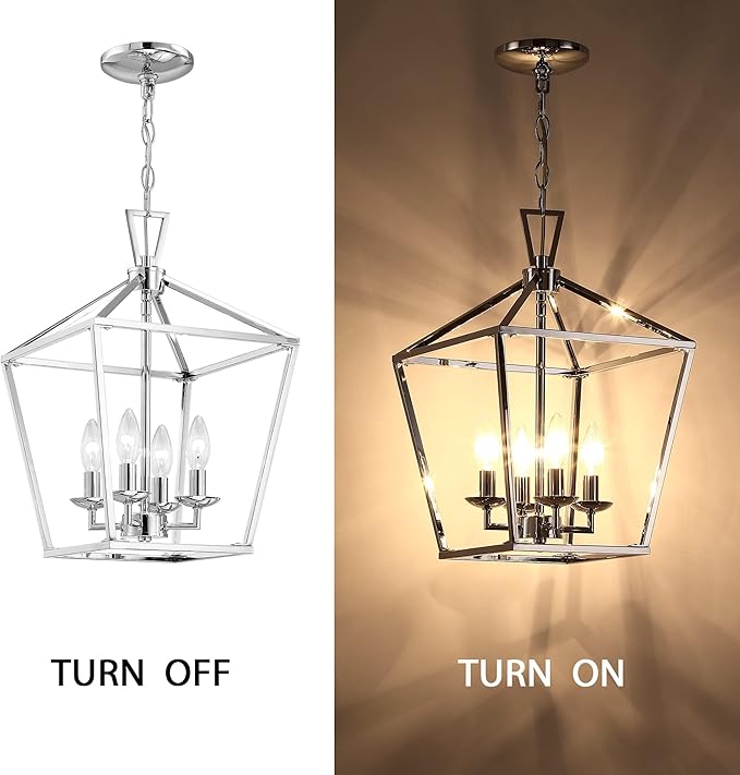 Untrammelife 4-Light Lantern Pendant Light Chrome Modern Hanging Pendant Light Fixtures with Adjustable Chain Metal Cage Dimmable Geometric Chandelier for Kitchen Island Foyer Hallway, 12Inch