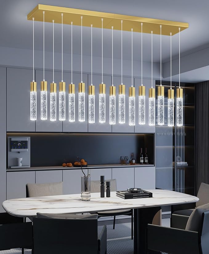 16-Lights Modern Crystal Rectangular Chandeliers LED Pendant Light for Kitchen Island High Ceiling Chandelier for Dining Room Entrance Foyer Living Room Gold
