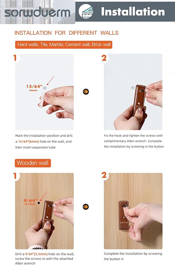 2 Pack Orange Leather Coat Hooks Wall for Hanging Rectangle Coat Hooks for Hanging Robe Towels Bags Hats Scarf Keys Clothes Suitable for Bedroom, Entryway and Closet