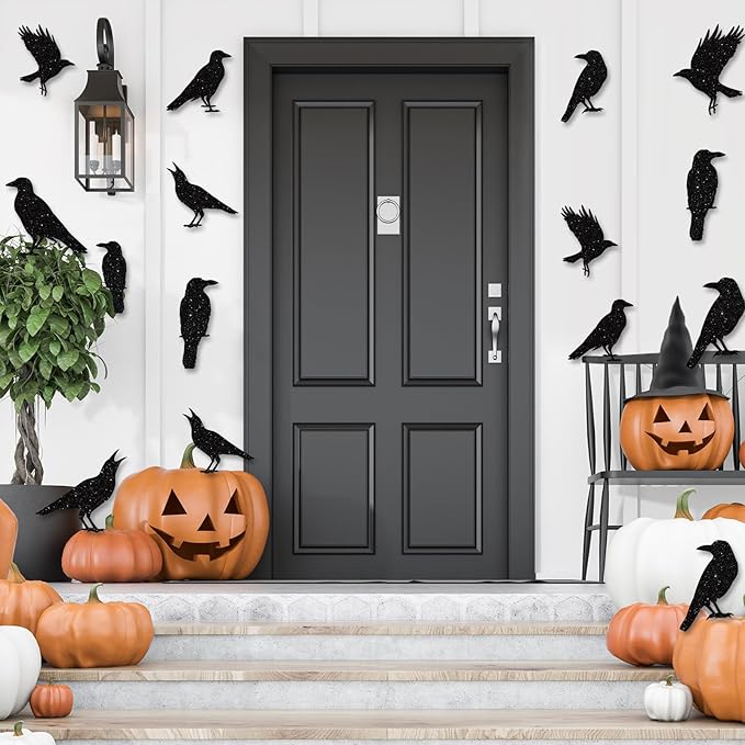 40pcs Glitter Black Crow Halloween Decorations Bird Raven Hanging Banners for Gothic Halloween Garland Backdrop Centerpiece Wall Cutouts for Horror Theme Birthday Wedding Yard Party Supplies