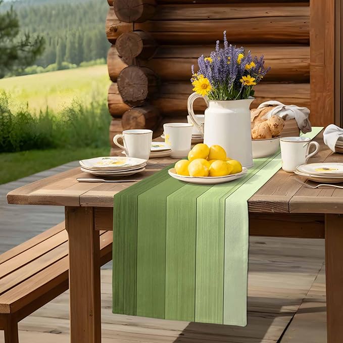 Vandarllin Table Runners 18X72 Inches Long, Ombre Moss Green,Cotton Linen Farmhouse Retro Rustic Barn Wood Texture Tablecloths Non-Slip Party Table Decorations for Kitchen,Home,Dining,Outdoor,